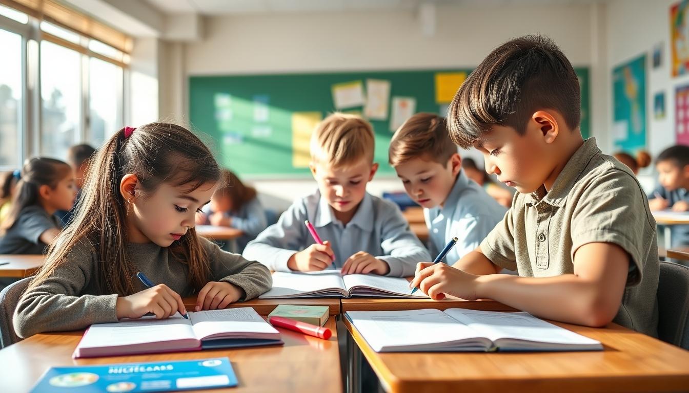 Students studying together in modern classroom